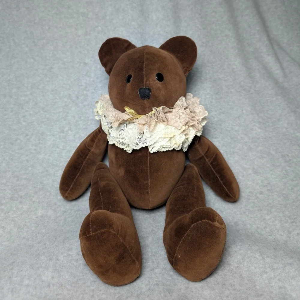 Unbranded Velvet Teddy Bear Unisex Small Brown Button Jointed Lace Collar